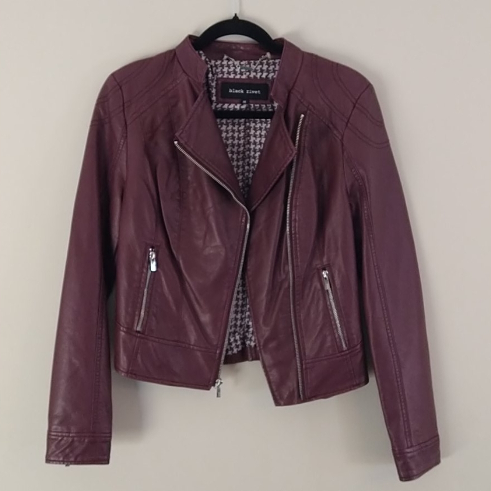 Black Rivet Plum Leather Like Biker's Jacket